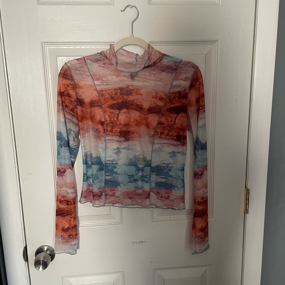 Wild Fable Red and Blue Sheer Long Sleeve Top